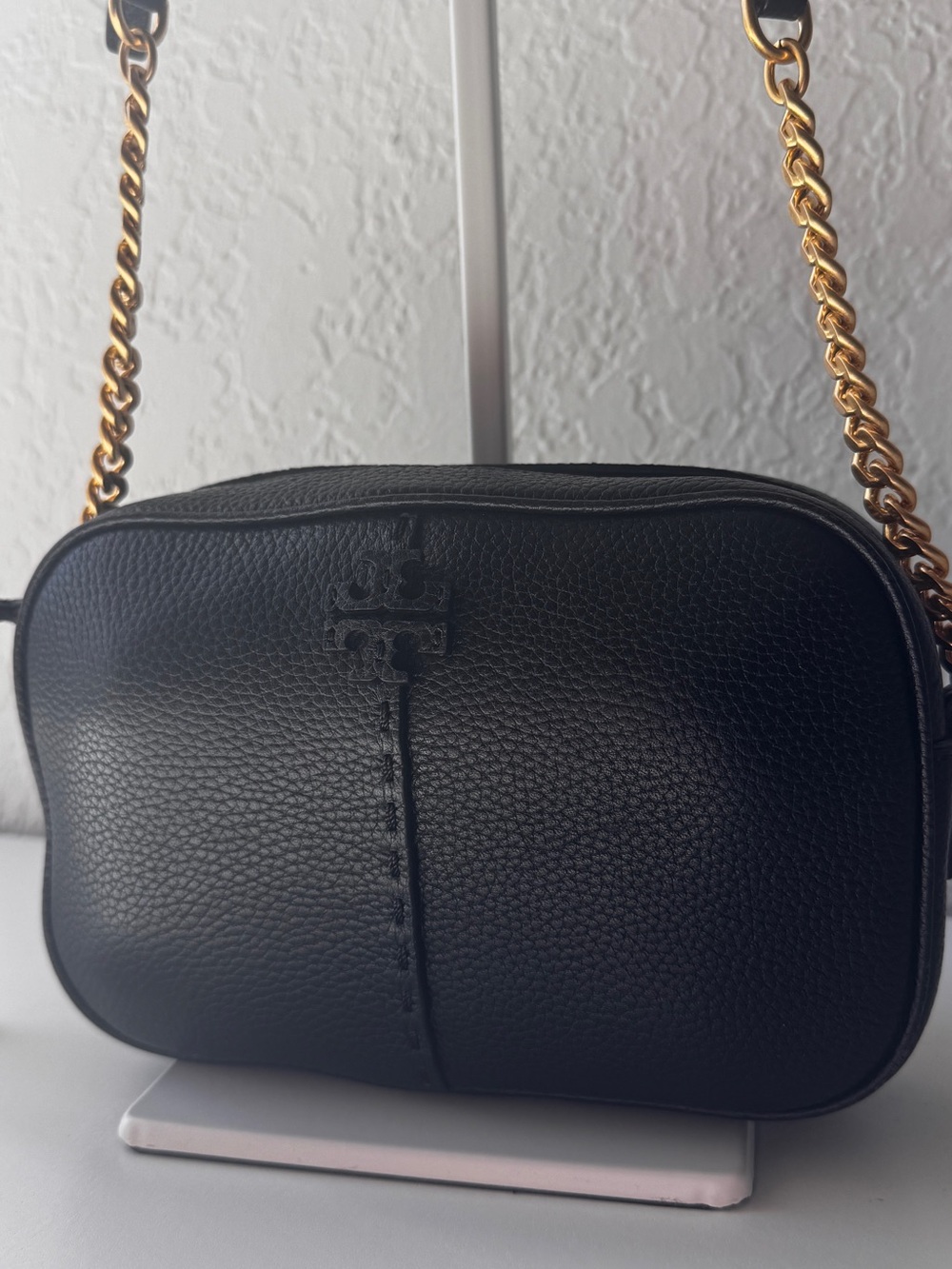 Tory Burch Black Pebbled Leather Crossbody with Gold Chain